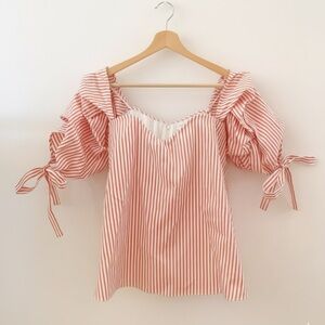Caroline Constas Coral Stripe Gabriella Off Shoulder Top  Sweetheart Neckline